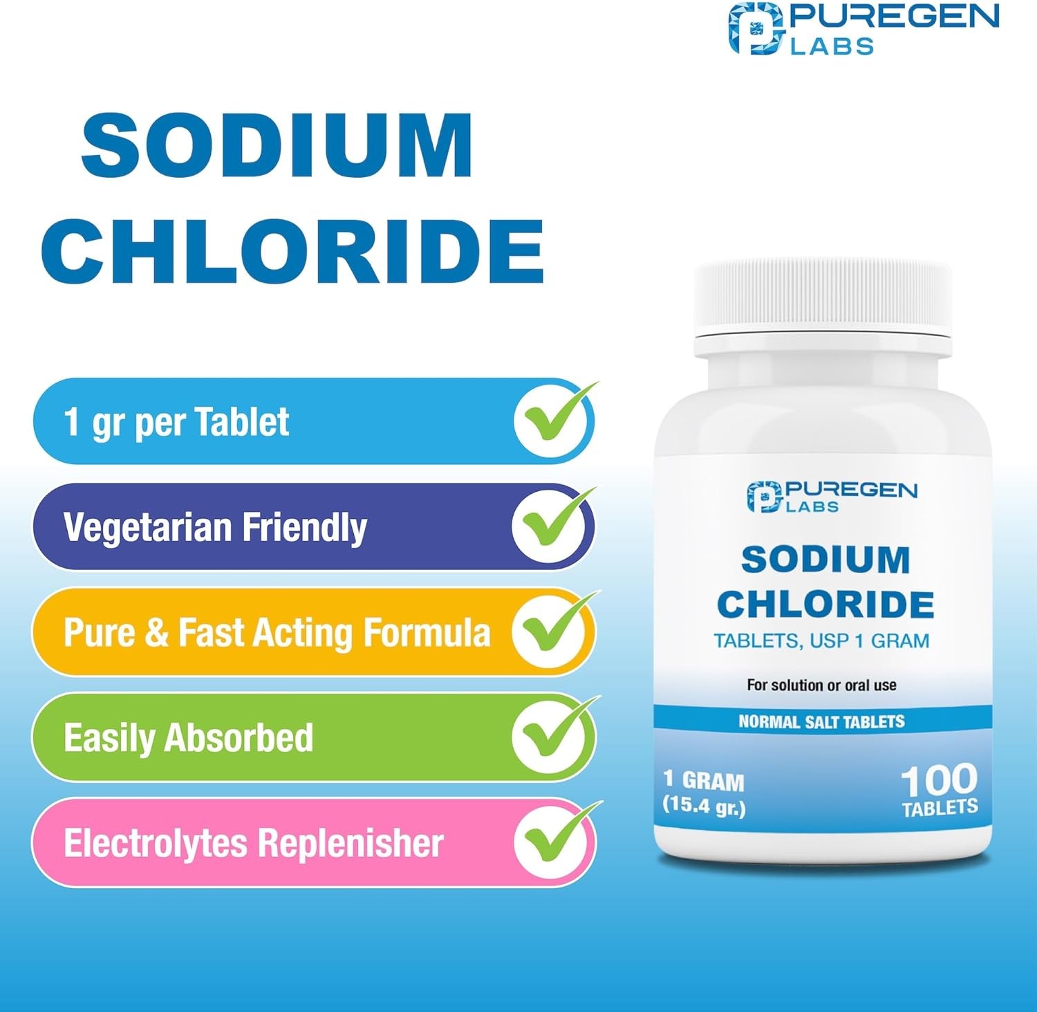 Puregen Labs Sodium Chloride Tablets 1 gm (1000 mg), USP | (15.4gr.) | 100 Count