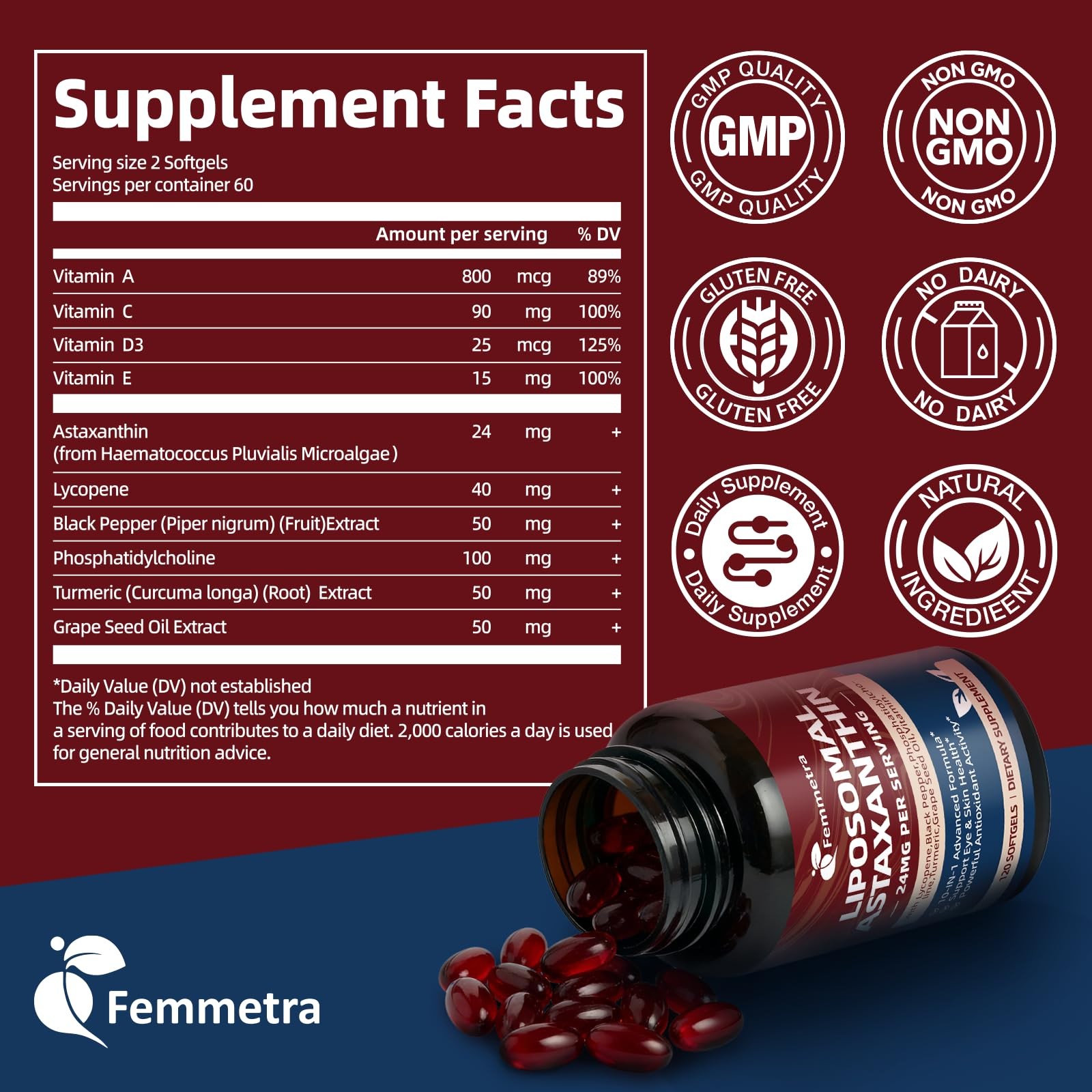 Femmetra Liposomal Astaxanthin 24mg Supplements with 120 Count (Pack of 1)