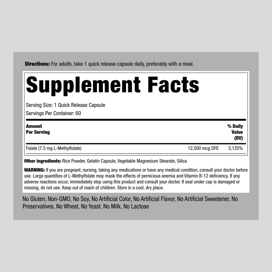 L Methylfolate 7.5 mg | 60 Capsules | Extra Strength | Non-GMO | by Piping Rock