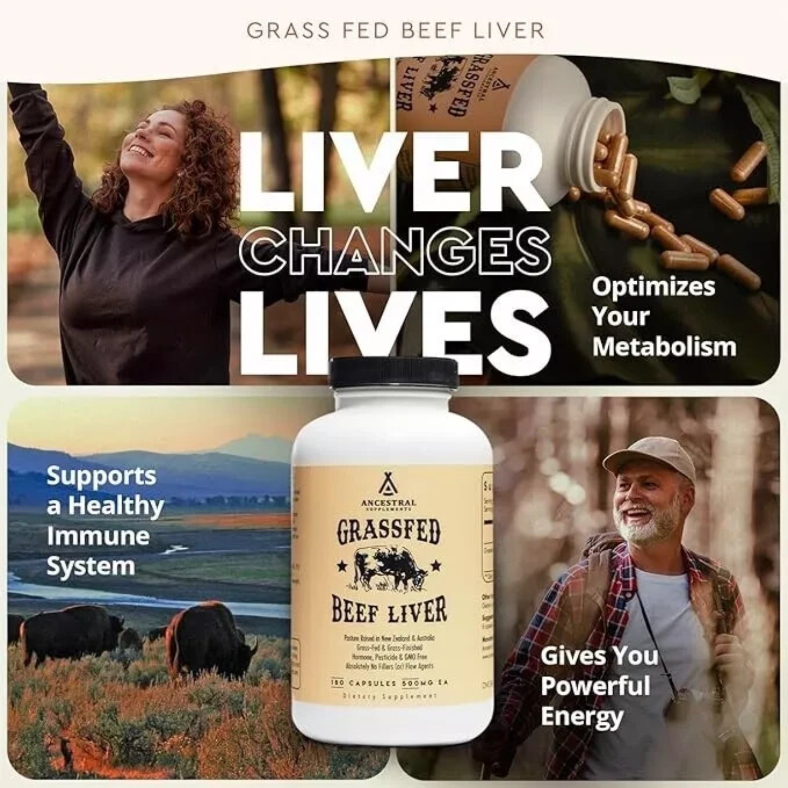 Grassfed Supplements Ancestral Beef Liver-180Capsules 500mg EA Exp 07/2028