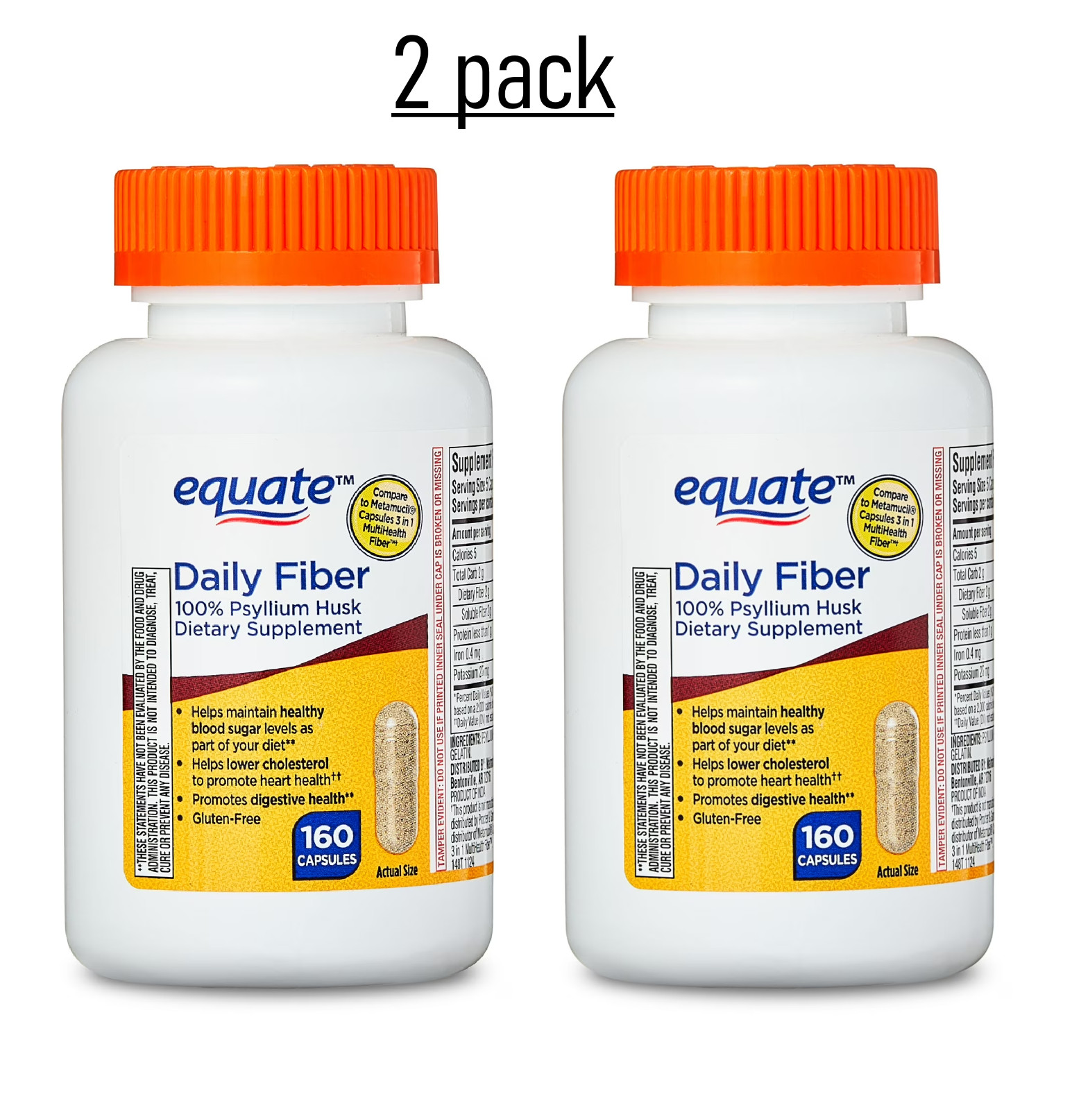 Equate 100% Psyllium Husk Daily Fiber Dietary Supplement Capsules, 160 Ct