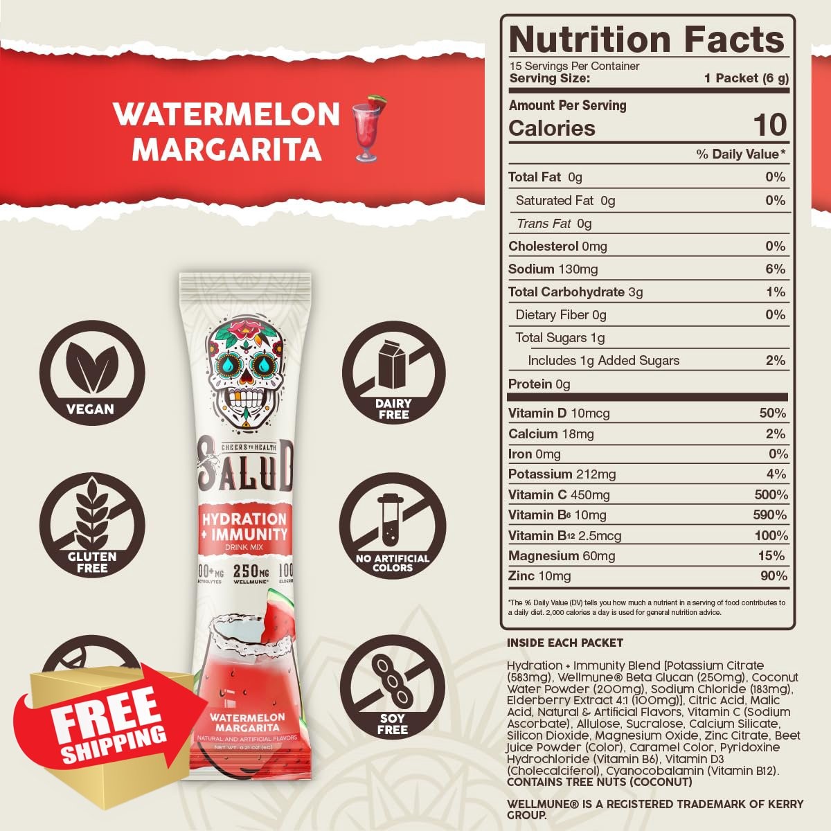 Salud Hydration + Immunity Packets Watermelon Margarita Elderberry 15 Servings