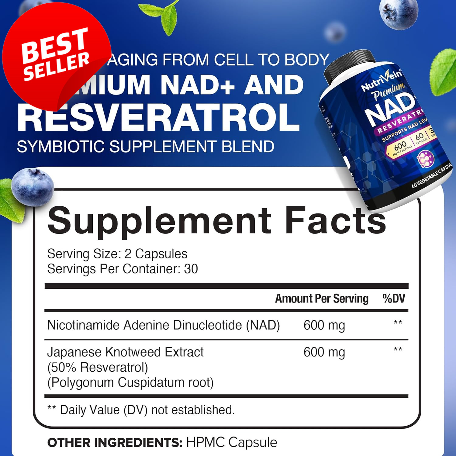 Premium NAD Resveratrol Supplement 600mg 60 Capsules for Energy Cognition US
