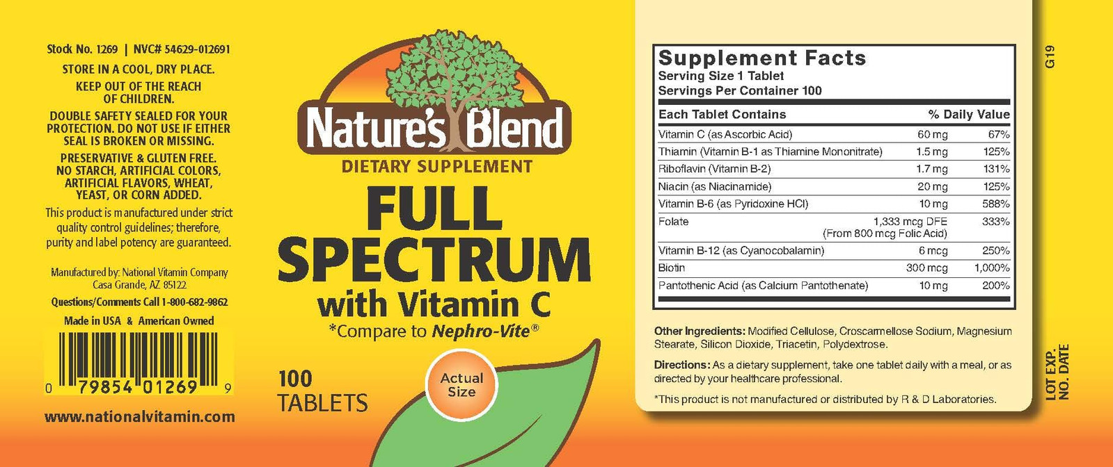 Nature’s Blend Full Spectrum B Vitamins with Vitamin C Gluten Free 100 Count