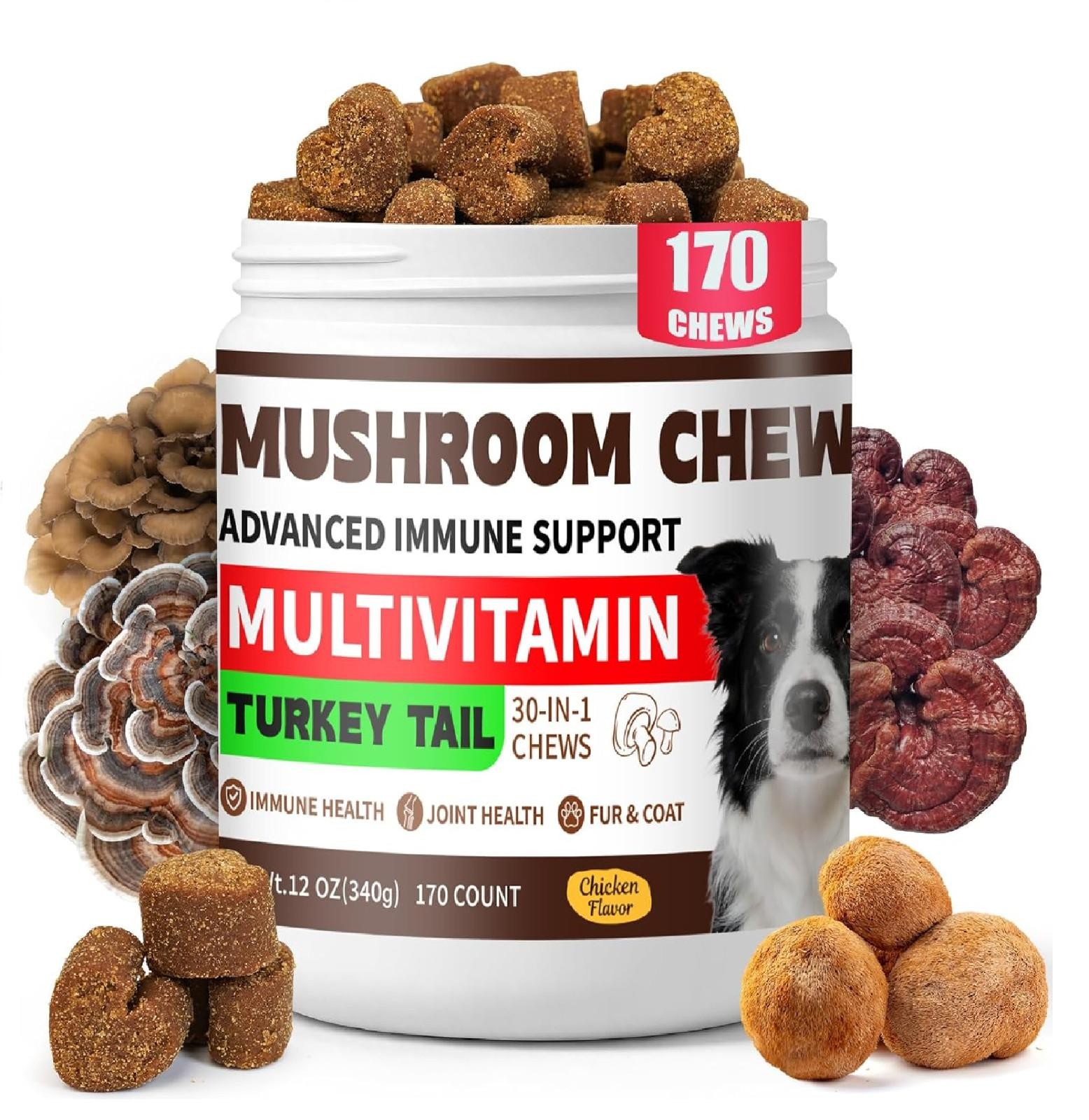 Turkey Tail Mushroom for Dogs Immune Support, 170 Chews Organic Mushroom C..