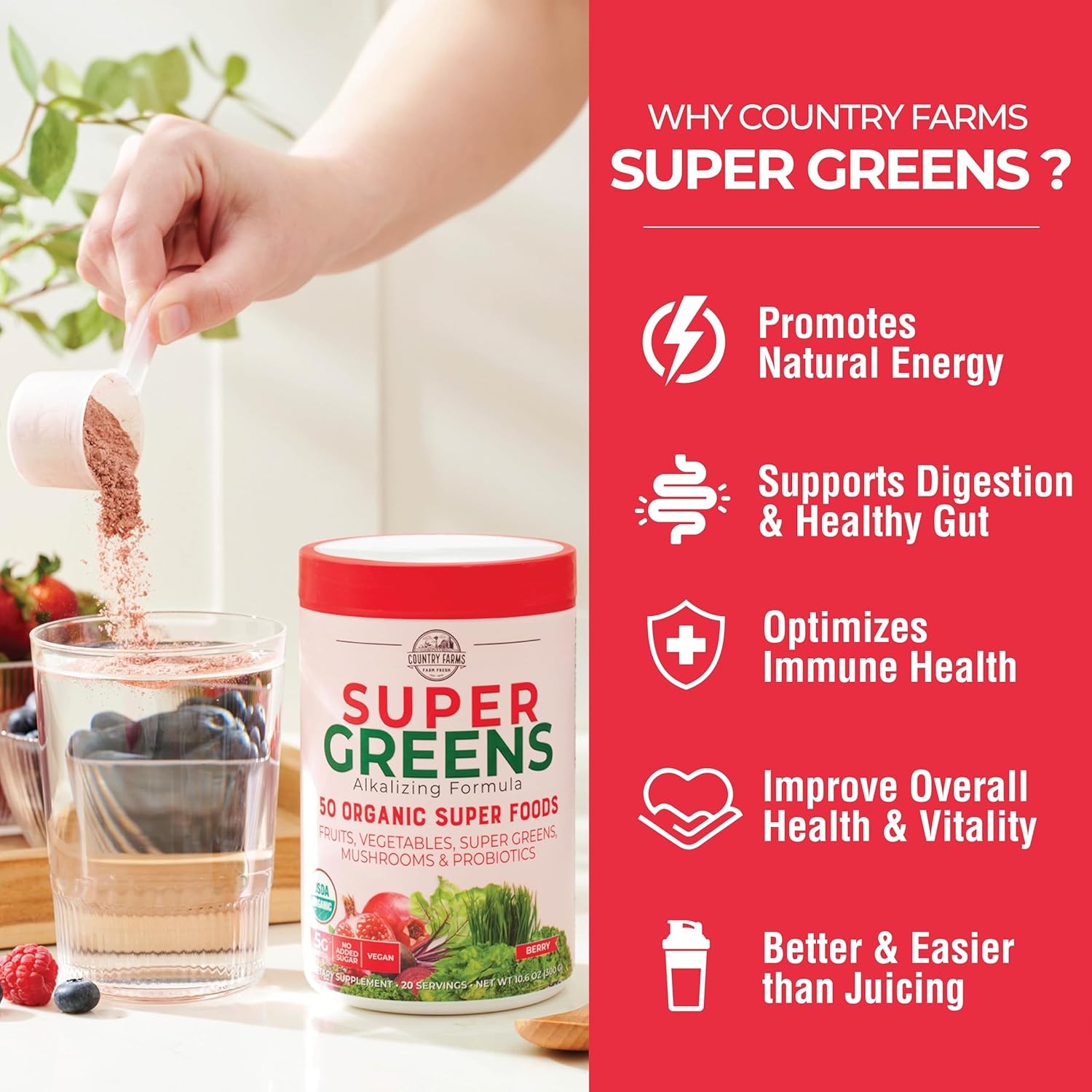 Country Farms Super Greens Organic Drink Mix 50 Superfoods 10.6 Ounce