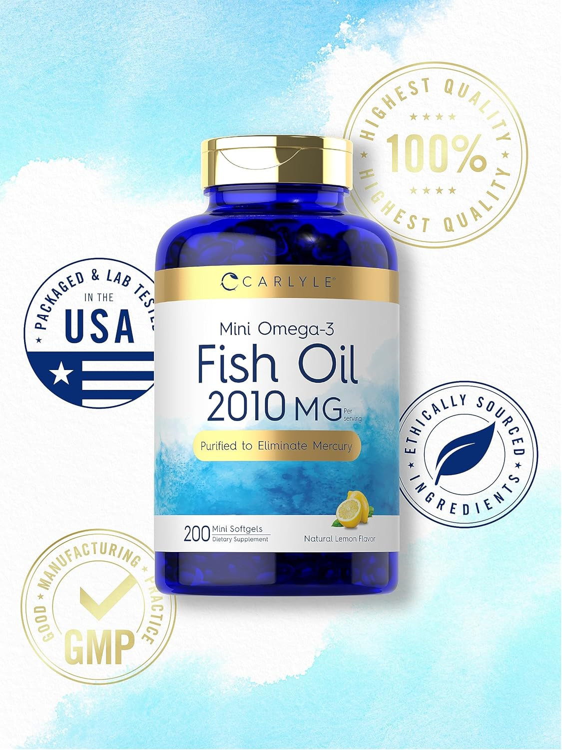 Mini Fish Oil Softgels 2010 Mg 200 Omega-3 Pills with EPA & DHA Non-Gmo & Gluten