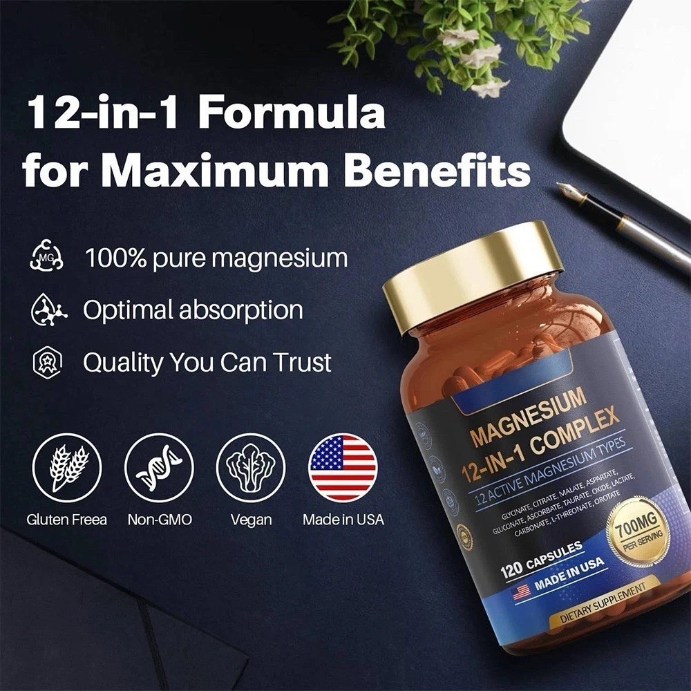 Magnesium Complex 700mg 12-in-1 Supplement, 120 Capsules for Daily Support