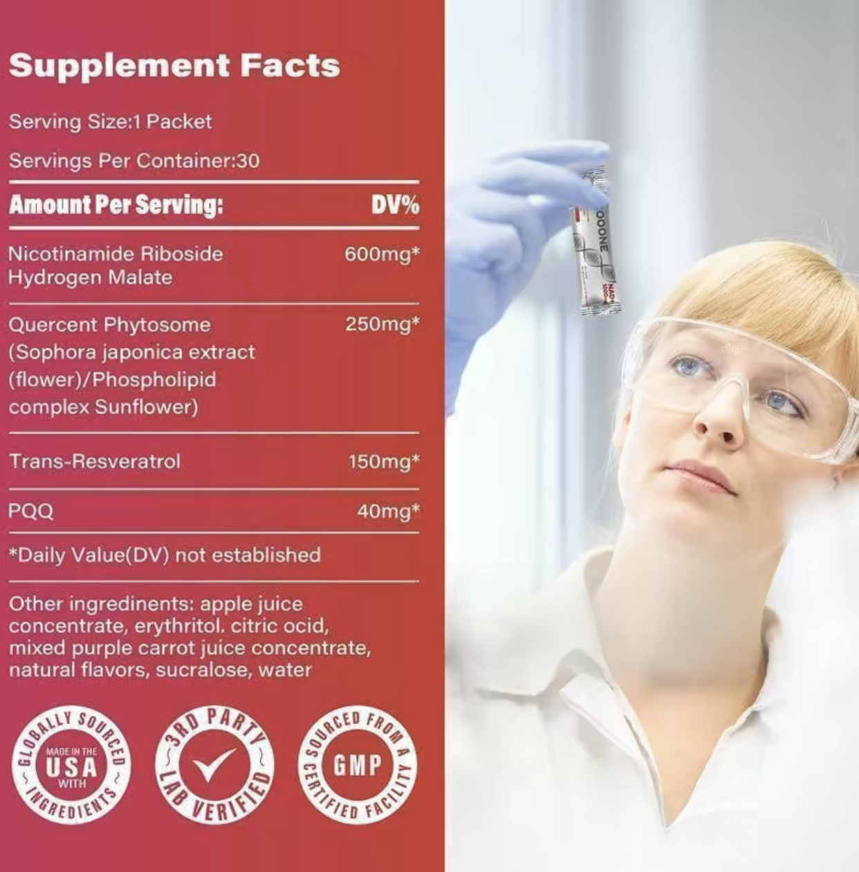 1000mg NAD+ Supplement Drink Mix, Natural Berry Flavor, 30 Count | Promotes Skin