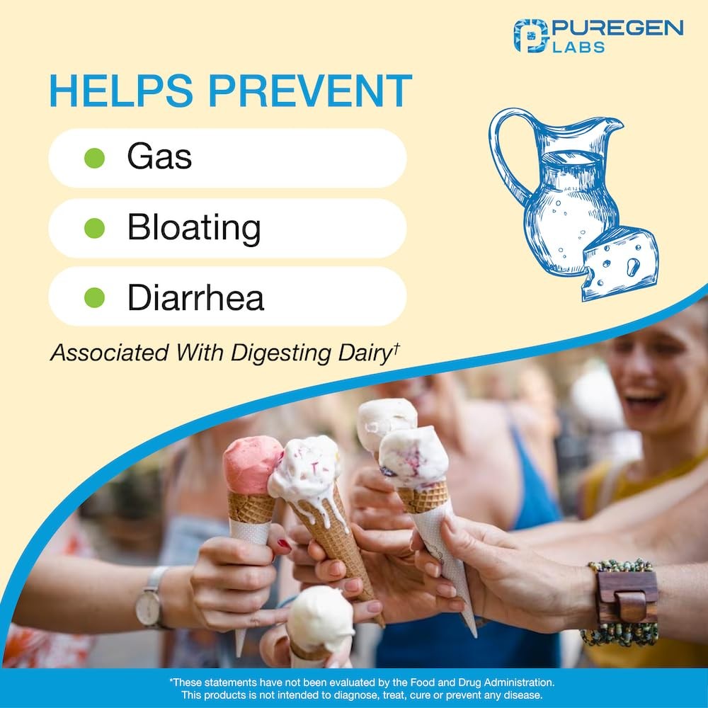 Puregen Labs Dairy Relief Natural Fast Acting Lactase Enzyme 3000 FCC, Lactos…