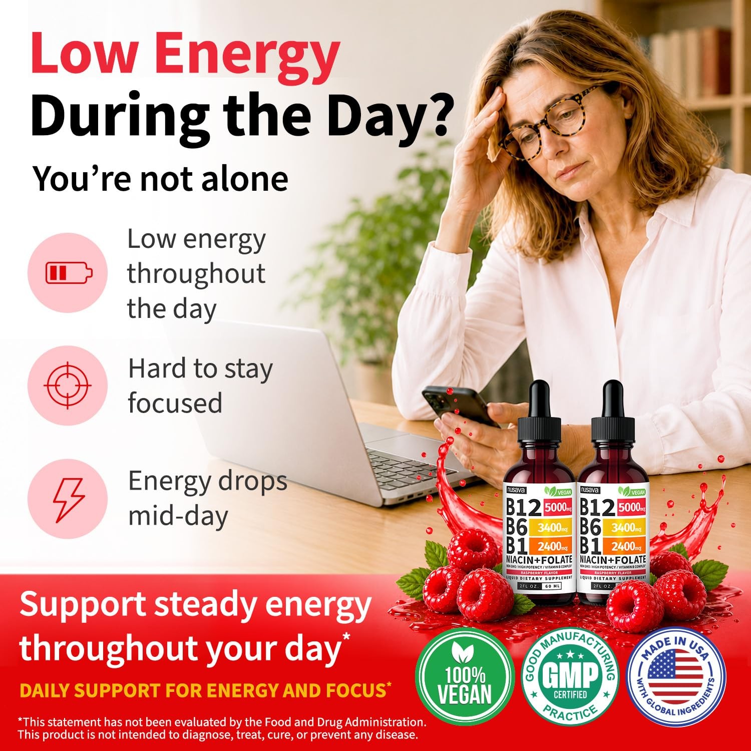 NUSAVA B12 Liquid Drops 5000mcg, Raspberry, Pack of 2 | Energy, Brain and Heart