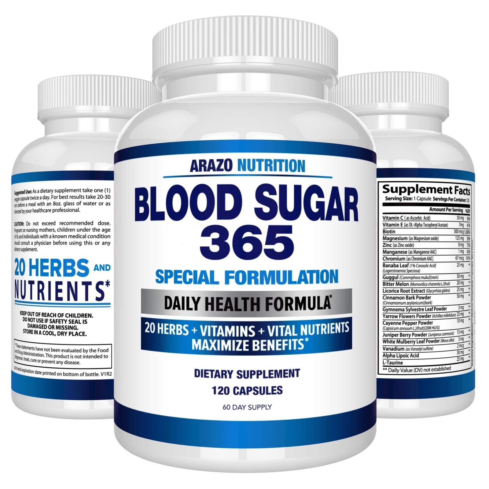 Arazo Nutrition Blood Sugar 365 Supplement – 120 Herbal Pills – 60 Day Supply
