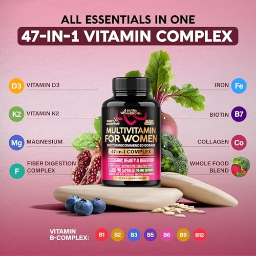 Multivitamin for Women 47-in-1 B-Complex Biotin D3 K2 Iron 90 Capsules 1/Day
