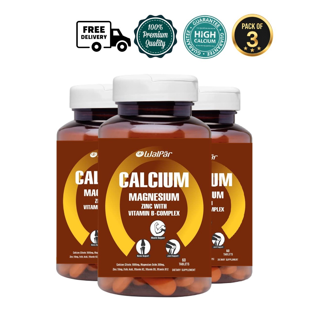 3 Pack WAL.PAR Calcium Citrate 1300mg Magnesium Zinc D3 B12