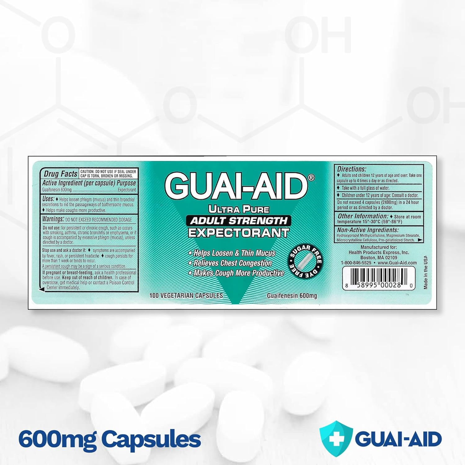 100 600Mg Ultra-Pure Guaifenesin CR Capsules for All-Day Everyday Mucus Relief.