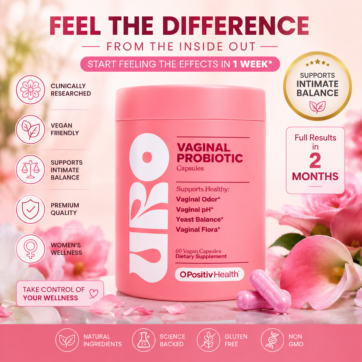 URO Vaginal Probiotic Capsules 60ct – Feminine pH Flora Balance Vegan