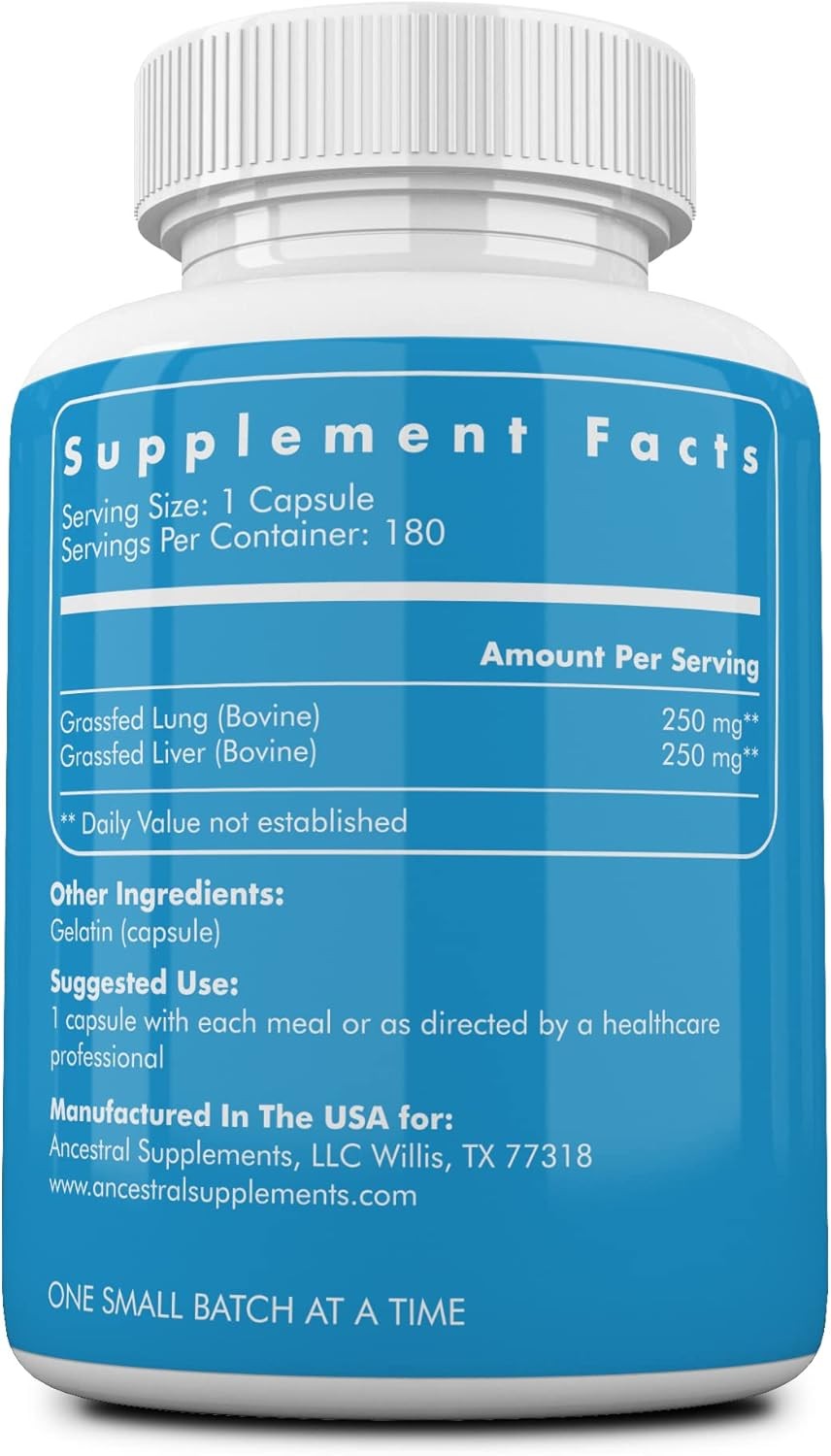 Ancestral Supplements Grass Fed Beef Lung Supplement with Liver, 500mg, Lung…