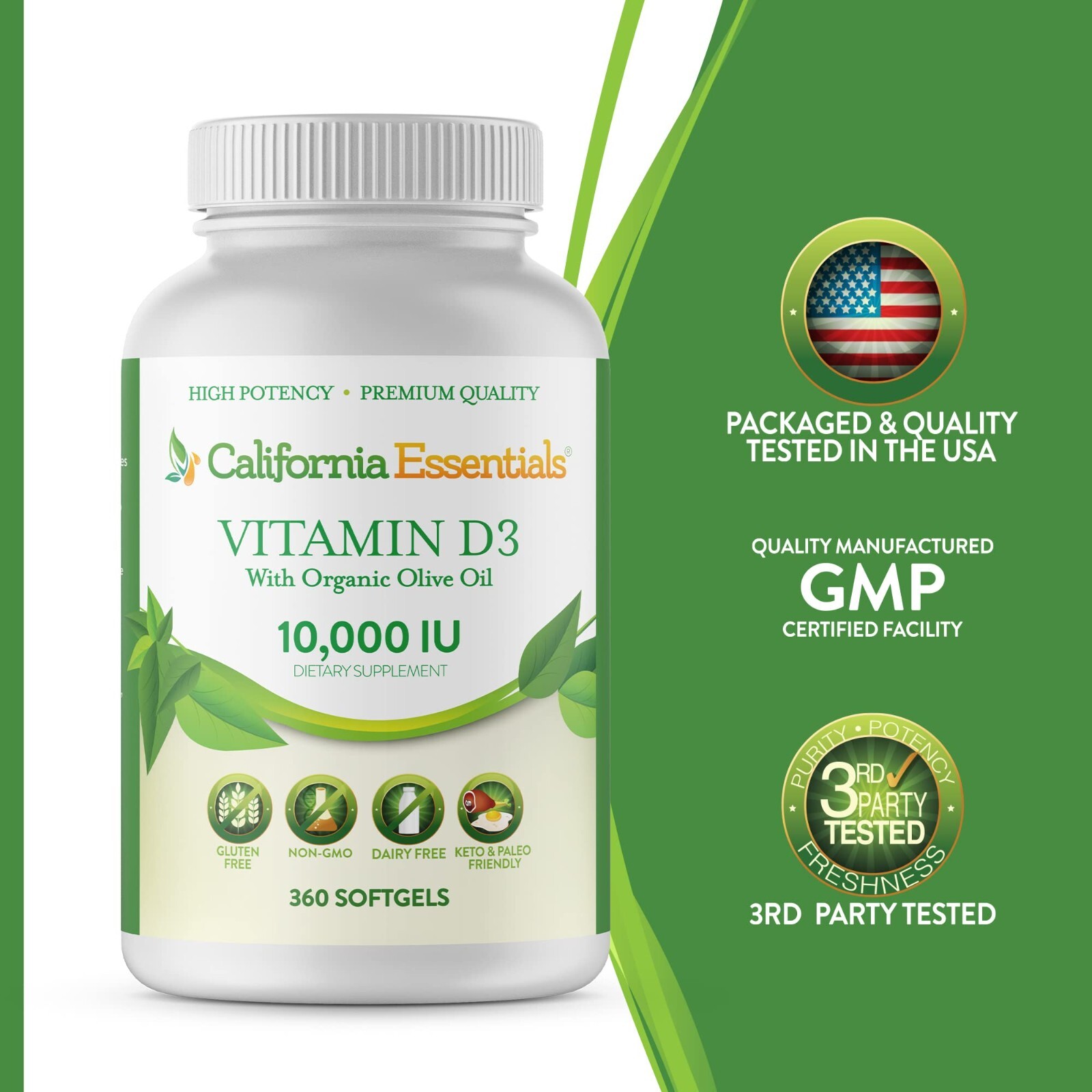 Vitamin D3 10000 IU (250mcg) Enhanced with Organic Olive Oil (360 Softgel)