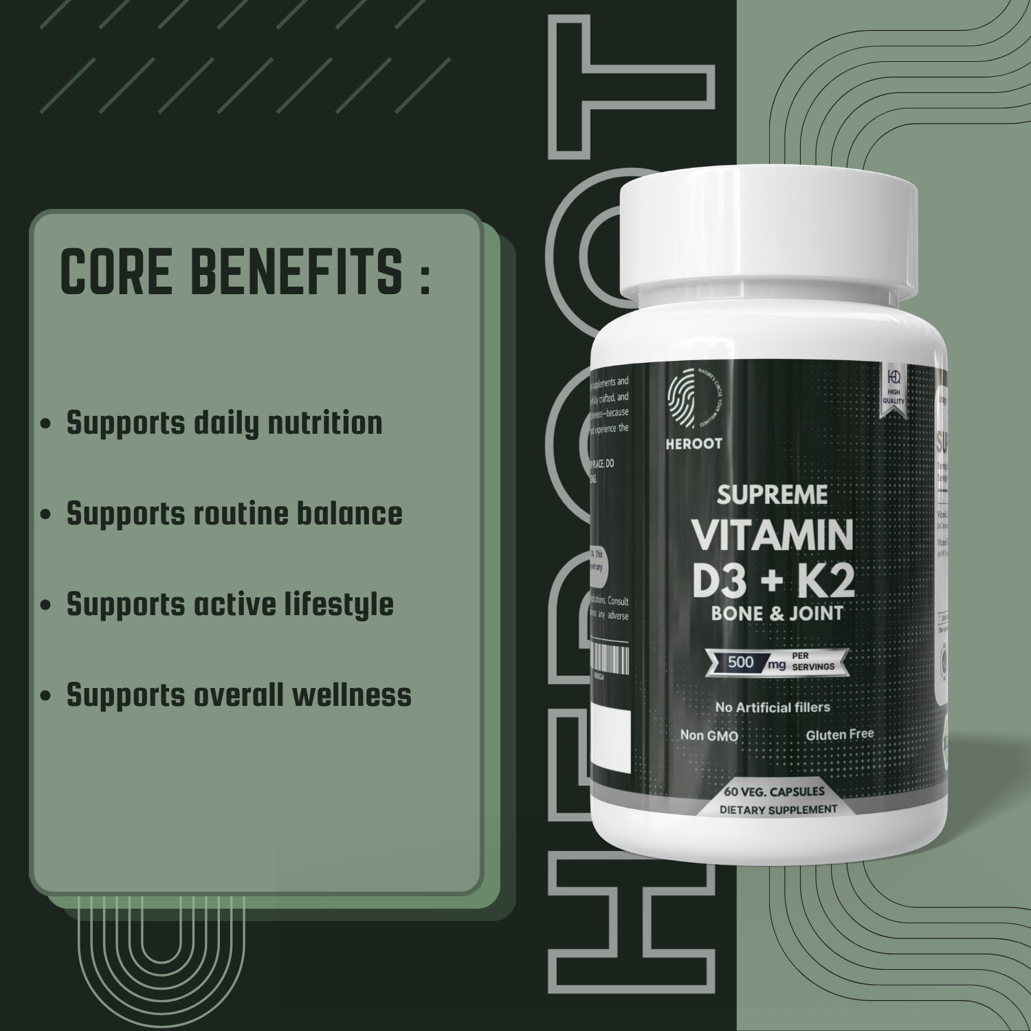 Heroot Vitamin D3 K2 500 mg Capsules Daily Dietary Supplement 60 Count Non – Gmo