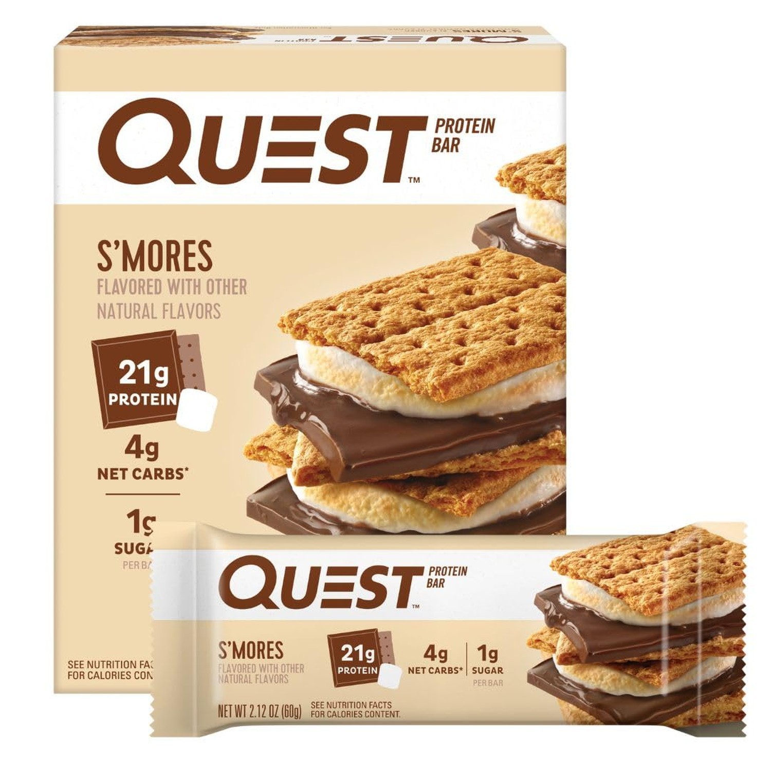 Quest Nutrition S’mores Protein Bar, 21g Protein, 4g Net Carbs, 1g Sugar, Glu…