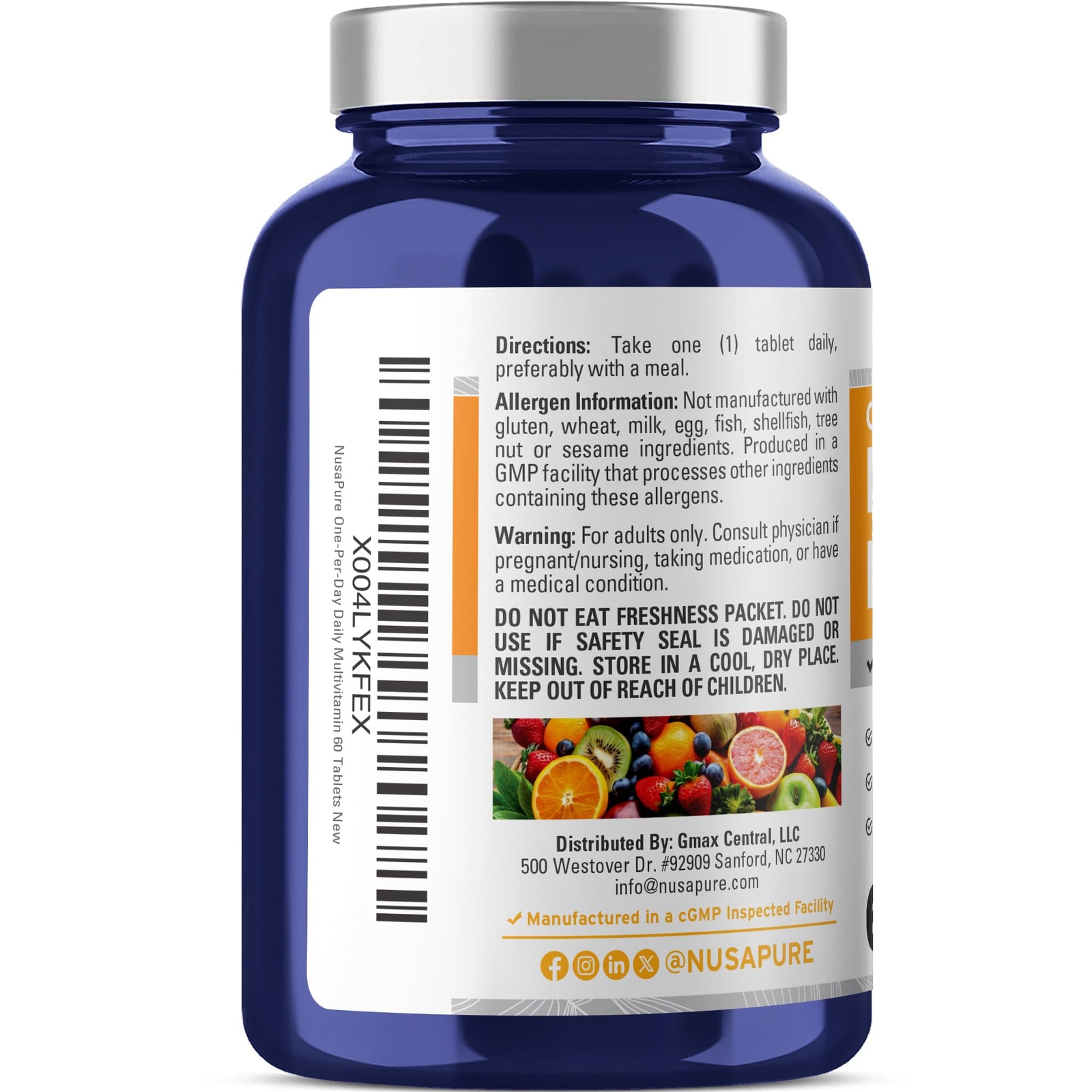 NusaPure Daily Multivitamin Vegetable Magnesium Stearate 60 tabs Non-GMO
