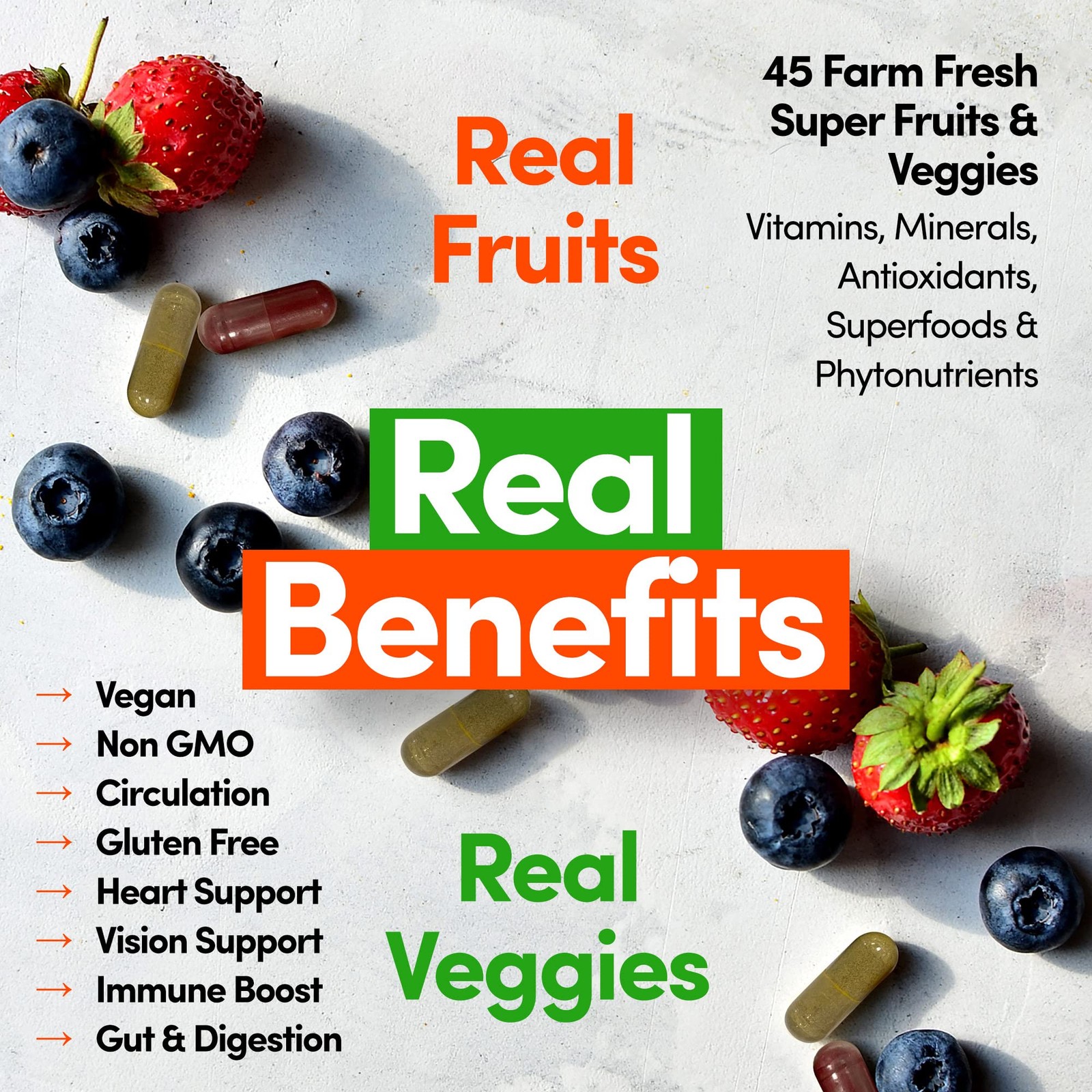 Fruits and Vegetables Supplement, 180 Fruit and 180 Veggie Capsules, Greens a…