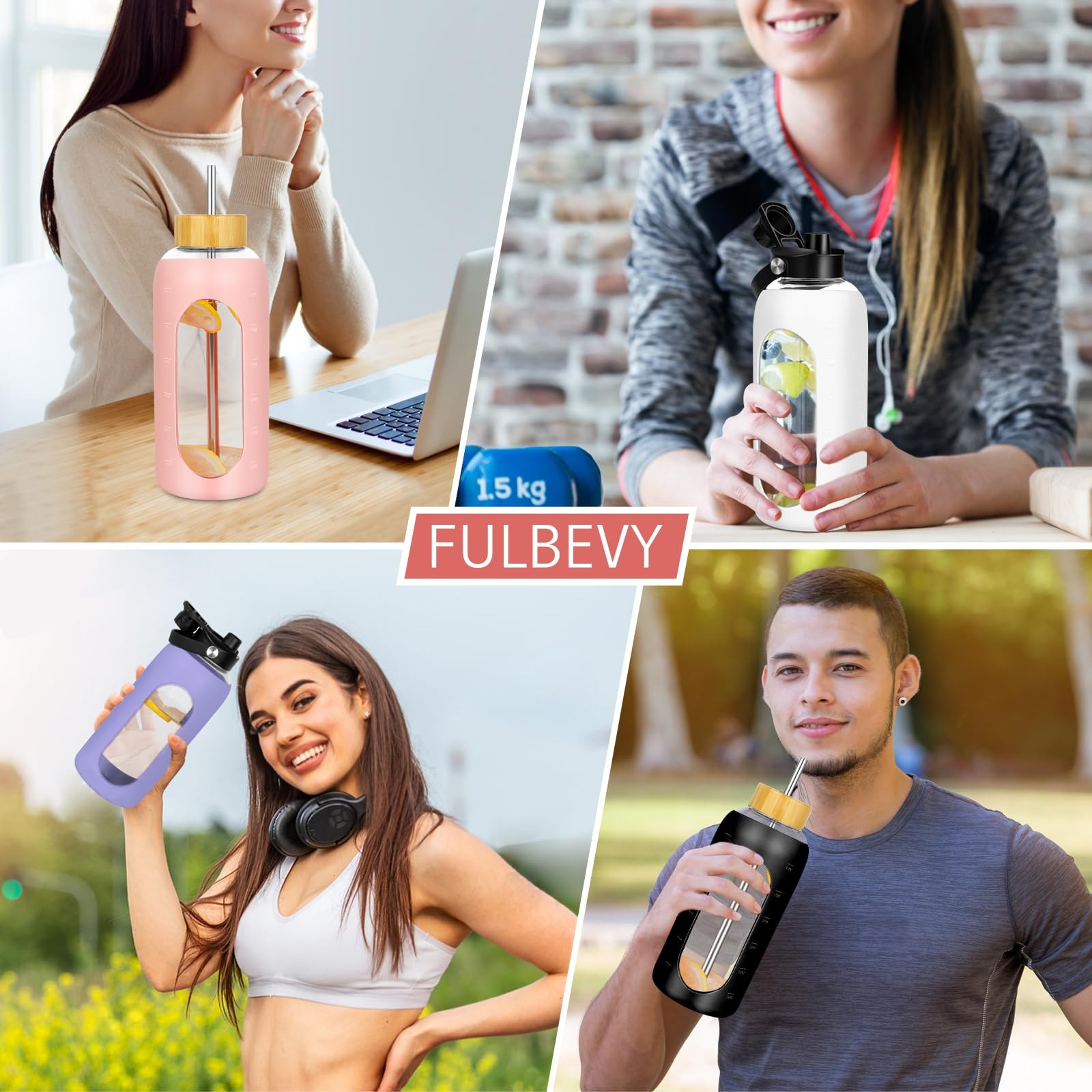 FULBEVY Glass Water Bottles 64 oz – Half Gallon Large 64 Ounces, Pink