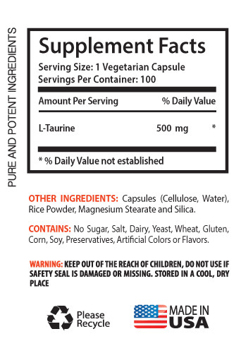 (1 Bottle, 100 Capsules) High Quality L-Taurine 500mg