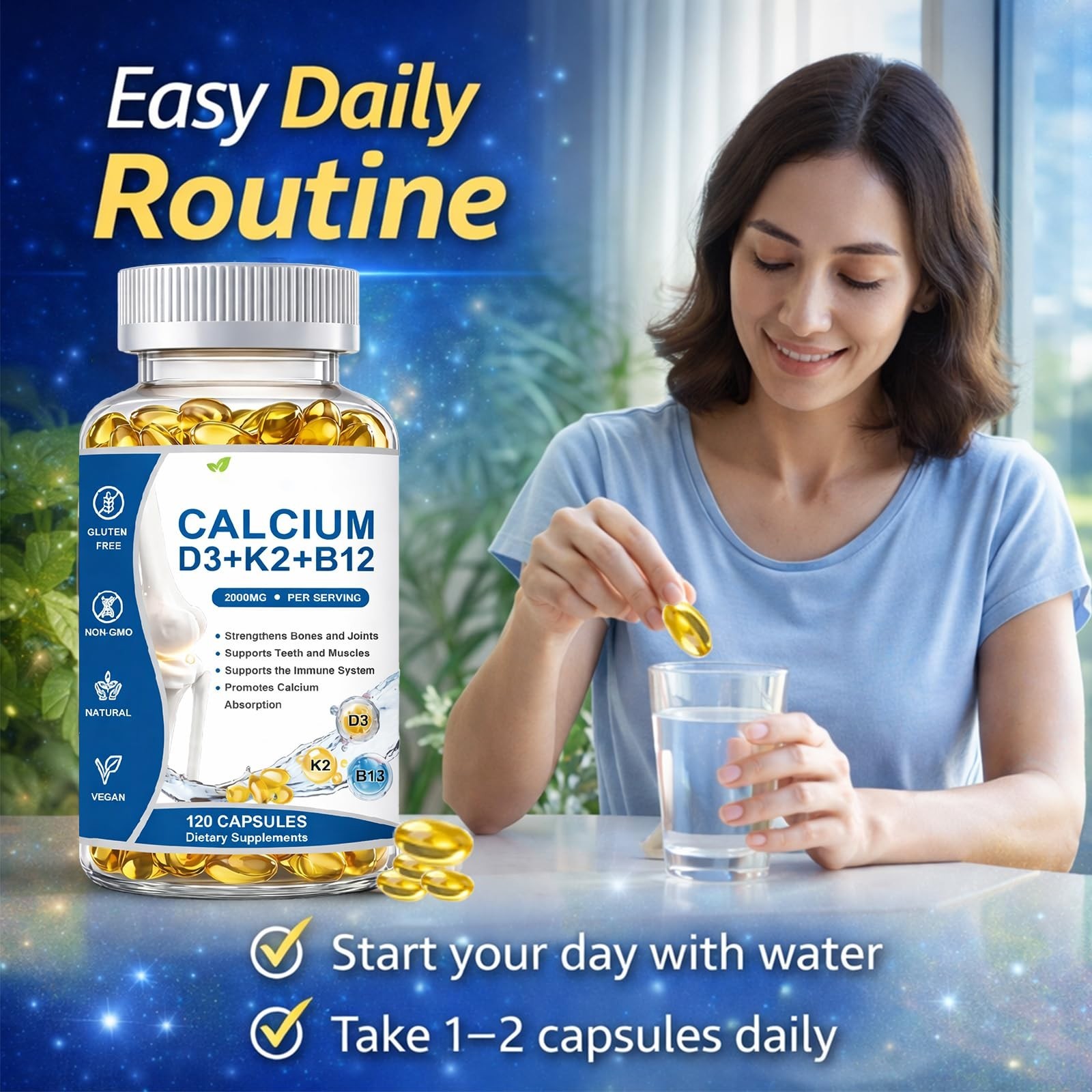 Calcium D3 K2 B12 Softgels 2000mg – Bone & Teeth Support, Energy Boost, Non-GMO,