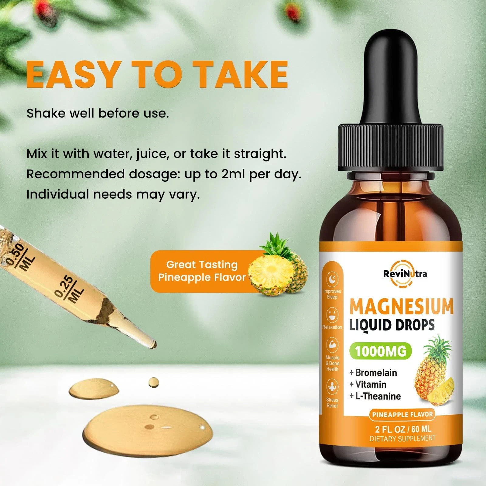 Magnesium Glycinate Liquid Drops, 1000mg of Liquid Magnesium Complex Suppleme…