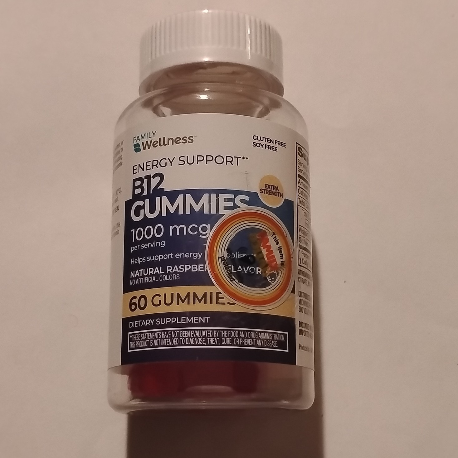 Family Wellness Vitamin B12 1000mcg Gummies Energy Support 60 Natural Raspberry