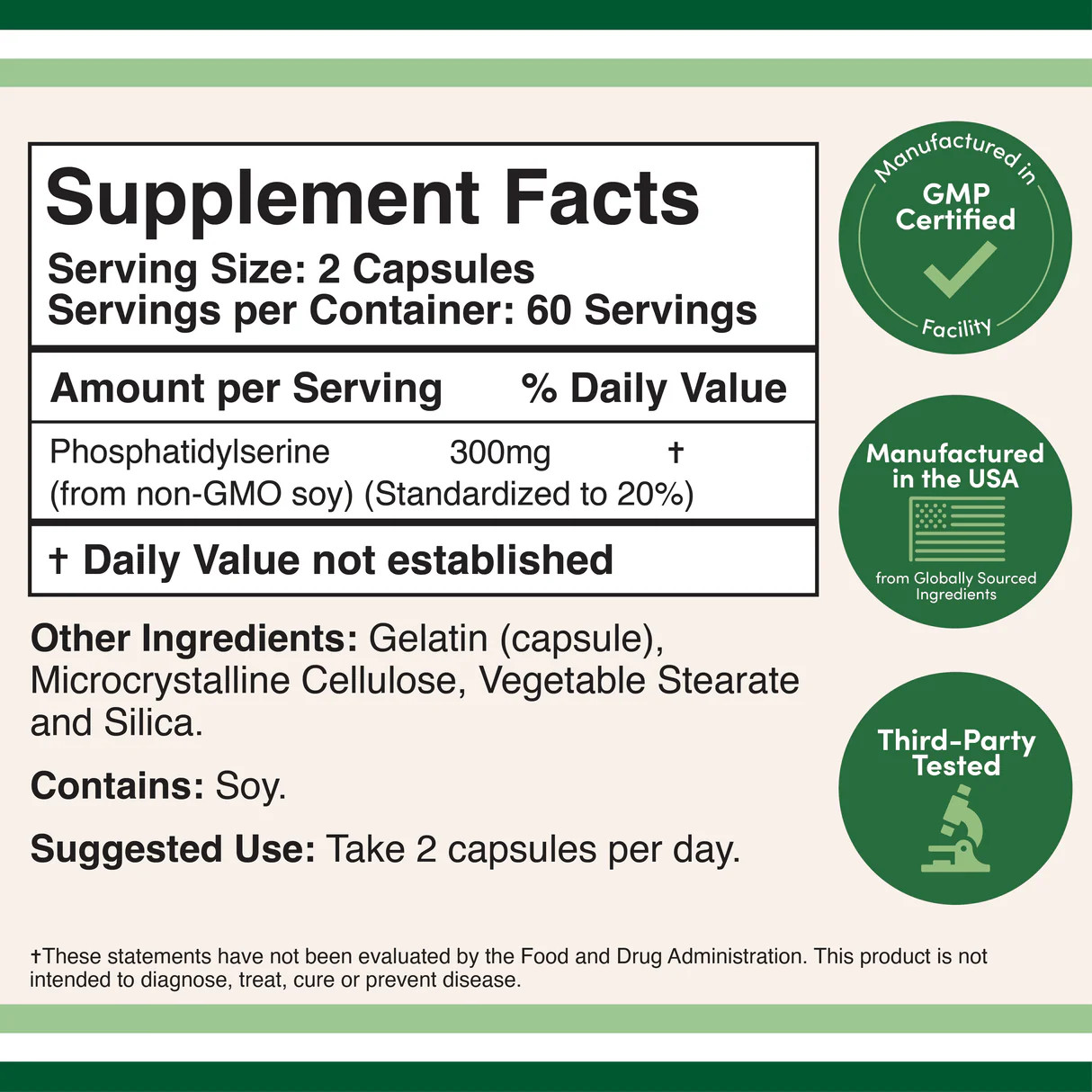 PhosphatidylSerine Supplement 300mg Per Serving, Manufactured in The USA, 120 Ca