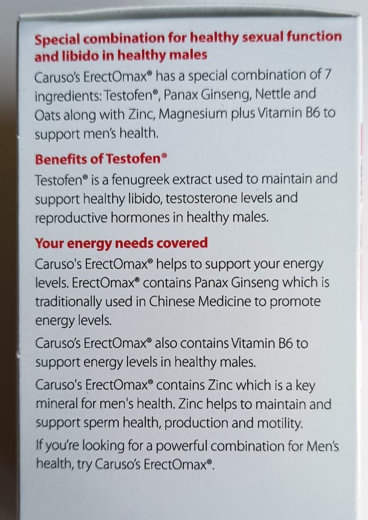 Caruso’s Erecto max Formula Supports 60 Tablets Made in Australia