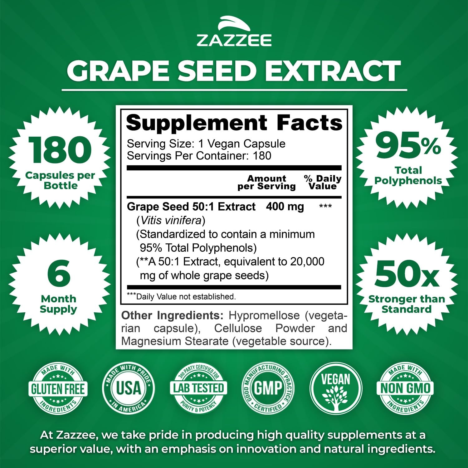 Zazzee High Strength Grape Seed 50:1 Extract, 180 Vegan 180 Count (Pack of 1)