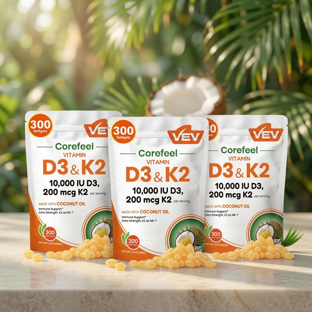 VEV Corefeel Vitamin D3 K2 10000 IU 200 mcg MK-7 300 Softgels Coconut Oil