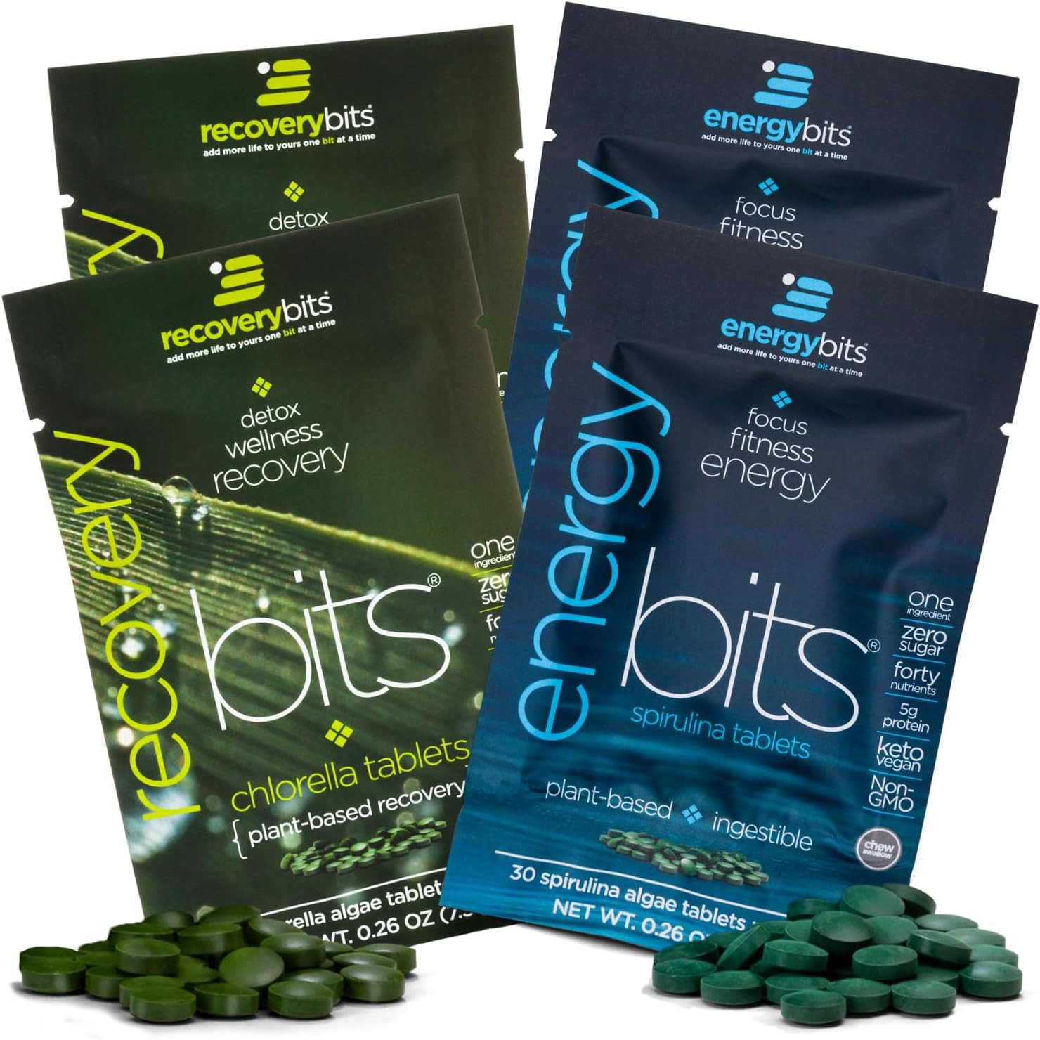 Energybits/Recoverybits – Organic Spirulina & Chlorella Tablets – Single Serving