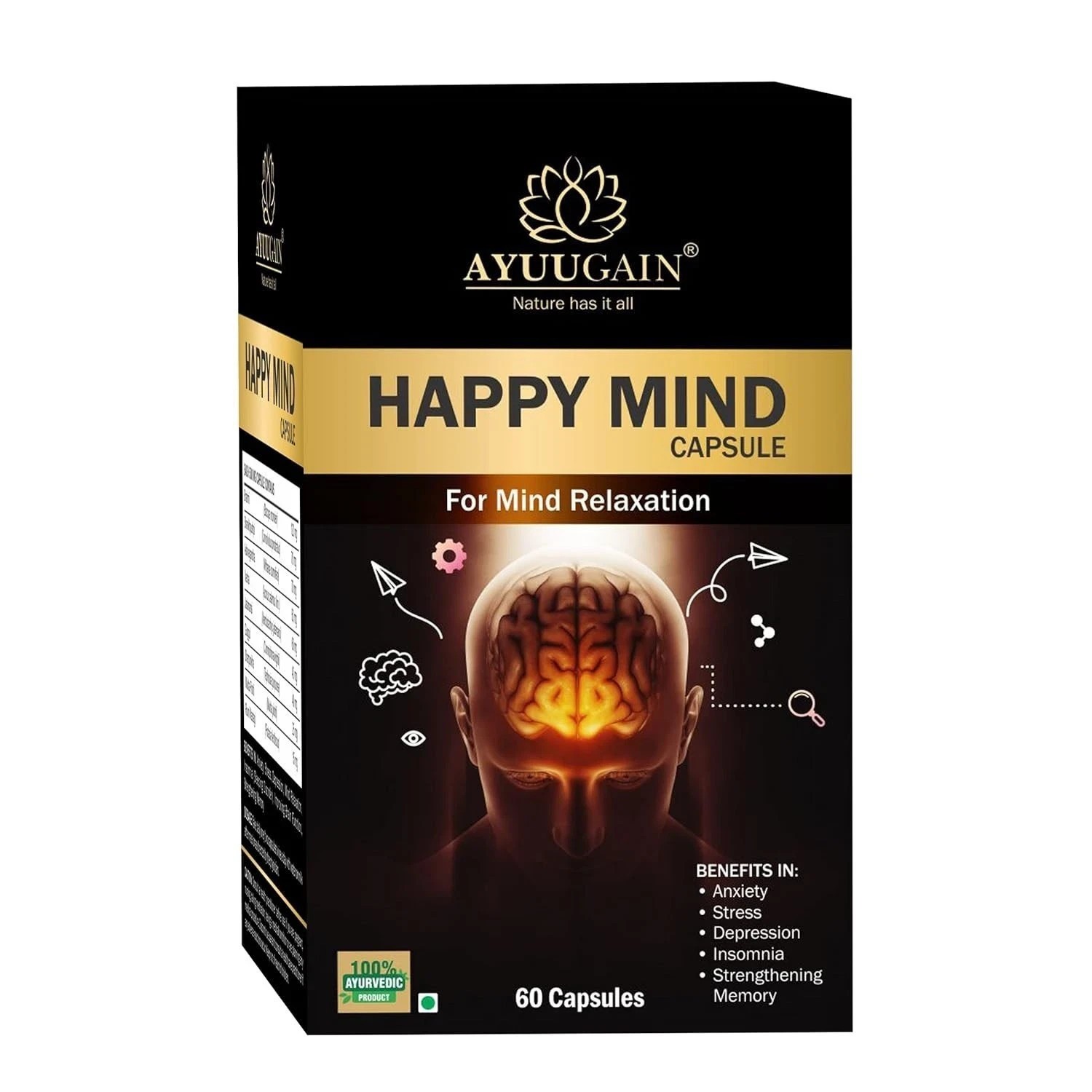 Happy Mind Herbal Capsules for Stress, Anxiety, Memory & Mood – 60 Veg Caps D299