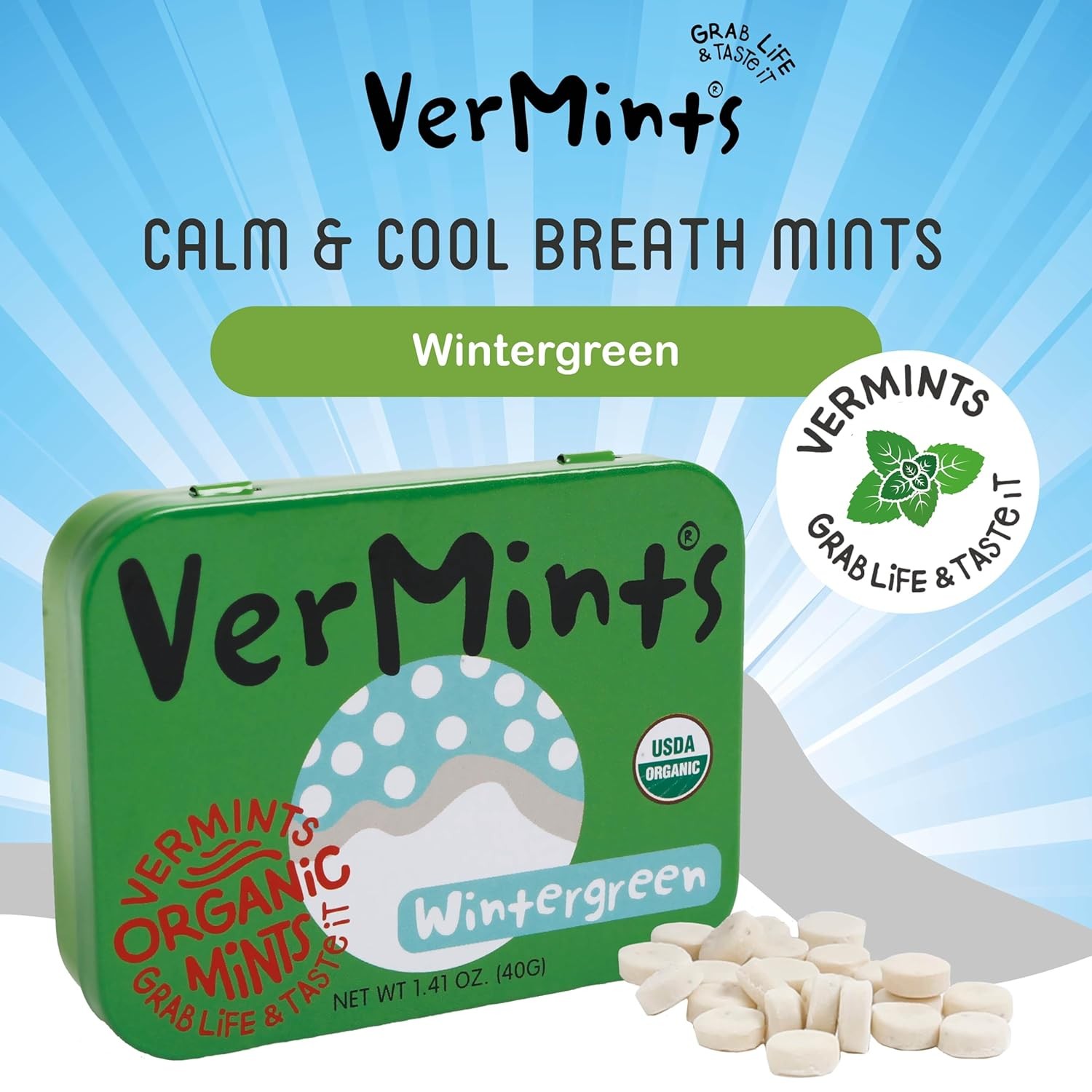 VerMints Organic Wintergreen Breath Mints 1.41 oz Pack of 6 Vegan Gluten Free