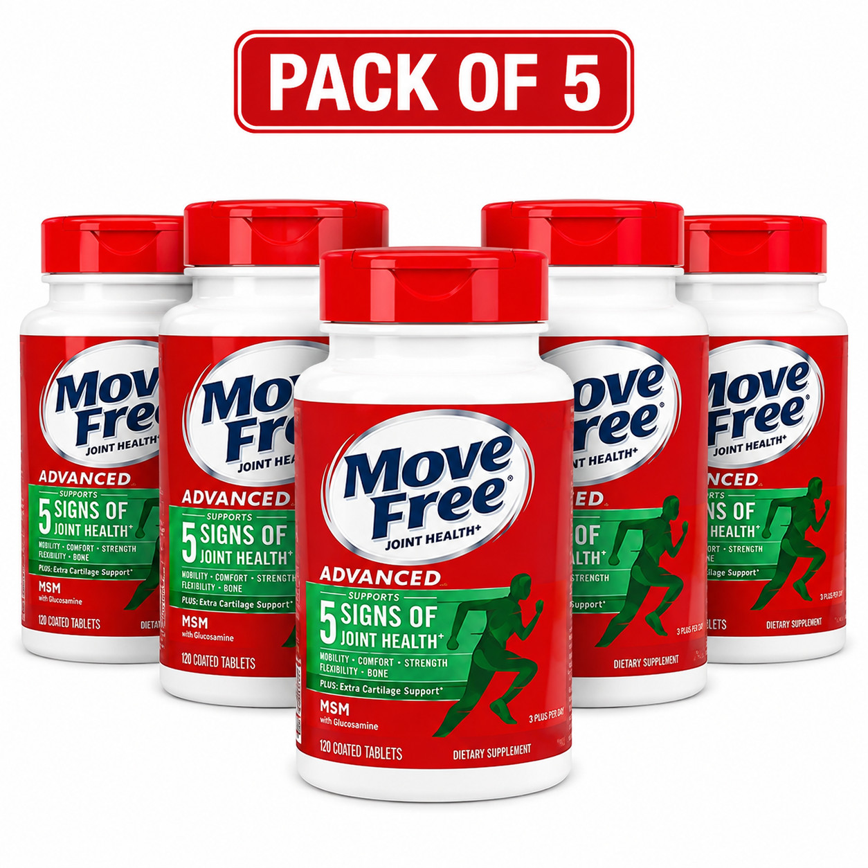 5 Pack Move Free Joint Health Advanced MSM With Glucosamine Coated Tablets 120