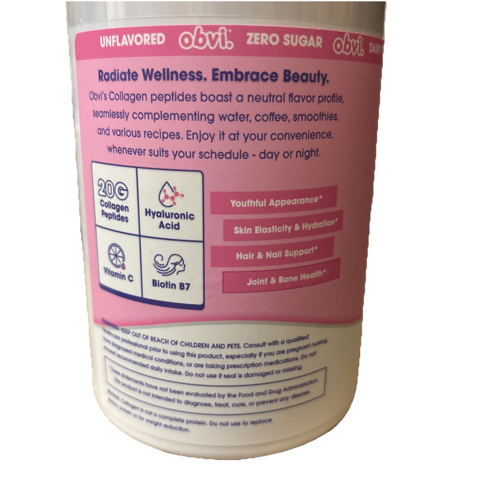 Obvi Collagen Peptides Unflavored 20G Collagen Per Serving 10.17oz BB 05/2028