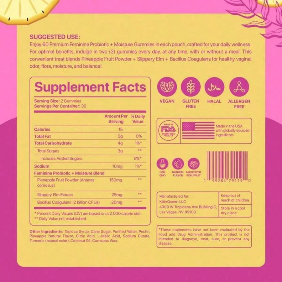 Kitty Queen Slippery Kitty Feminine Probiotic + Moisture Gummies | Pineapple Fla