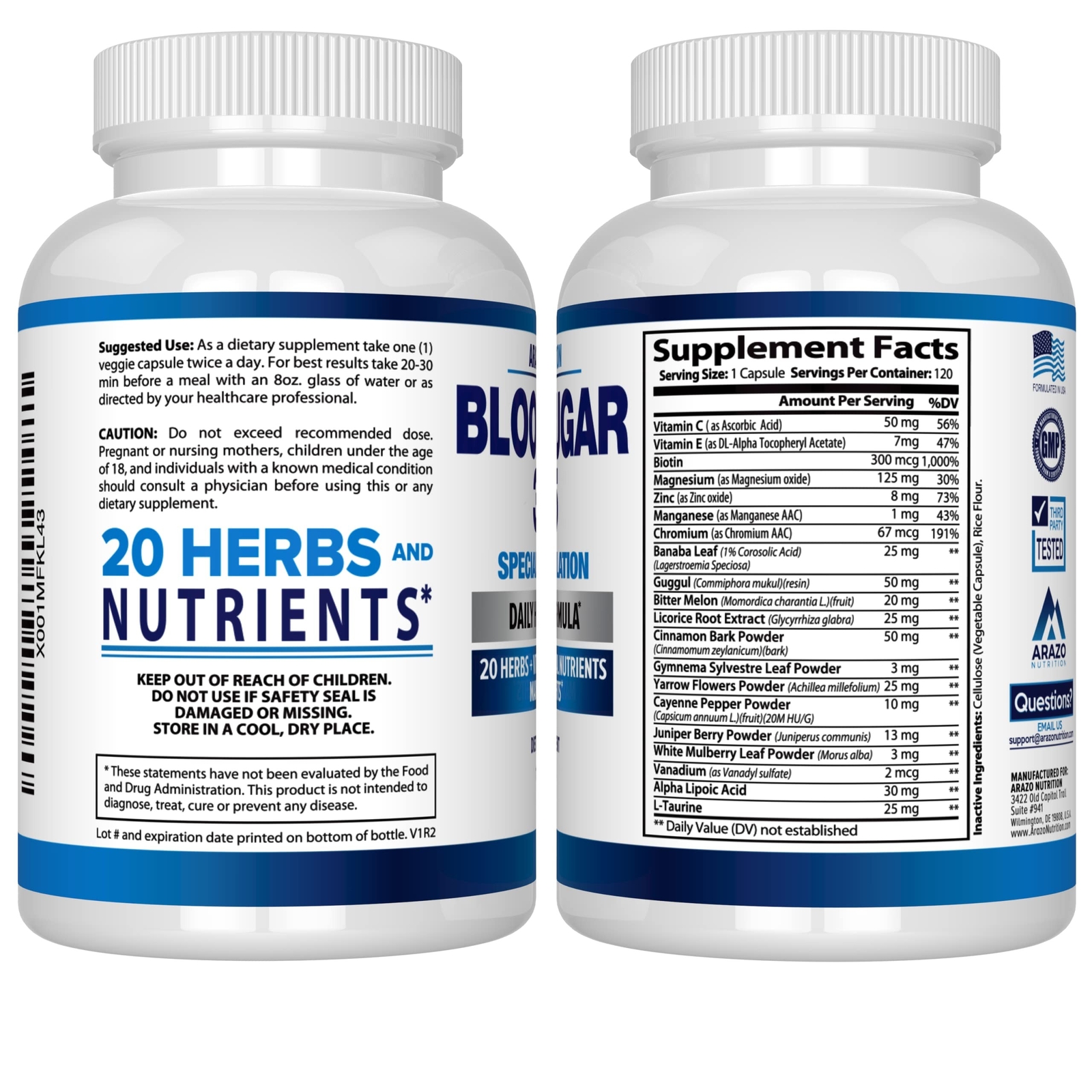 Arazo Nutrition Blood Sugar 365 Supplement – 120 Herbal Pills – 60 Day Supply