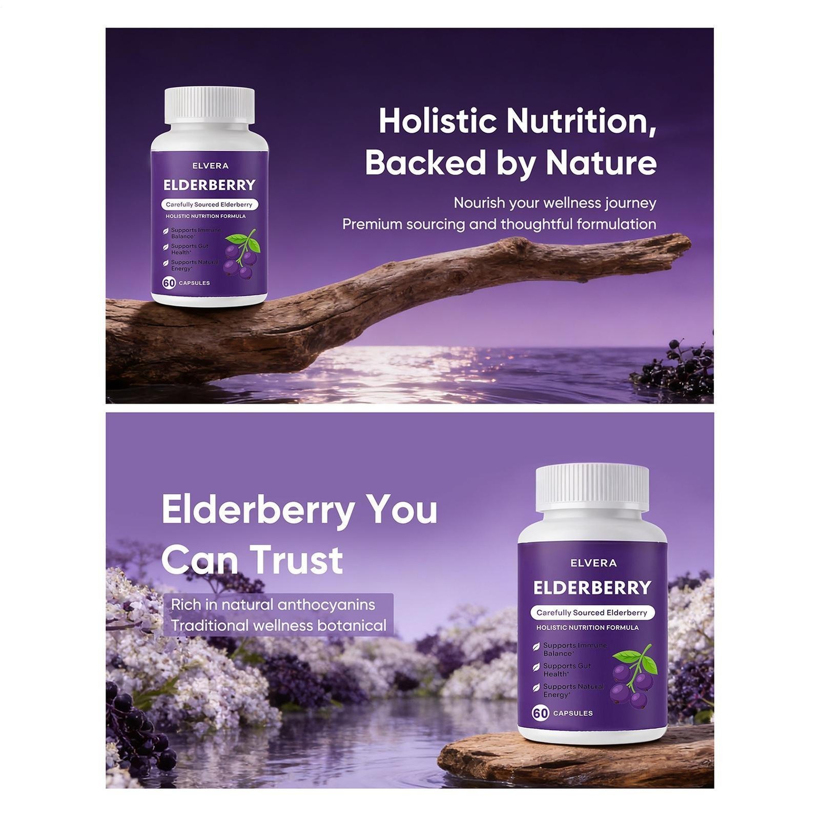 1-3x Elvera Elderberry Gut Support Complex – Organic Black Elderberry Capsules