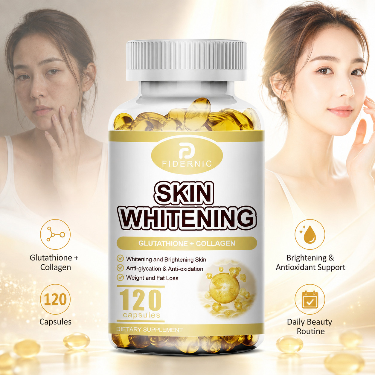 FIDERNIC Glutathione Collagen 120 Capsules Skin Brightening Supplement