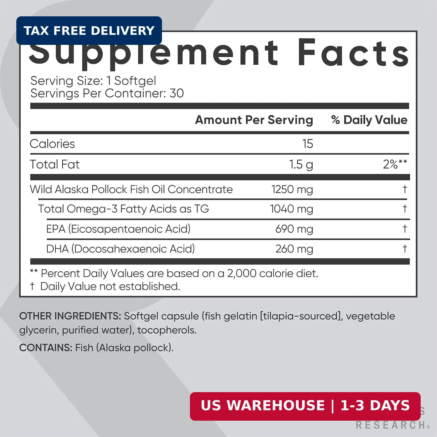 Sports Research® Omega-3 Fish Oil 1250mg from Wild Alaska Pollock, 30 Count | Al