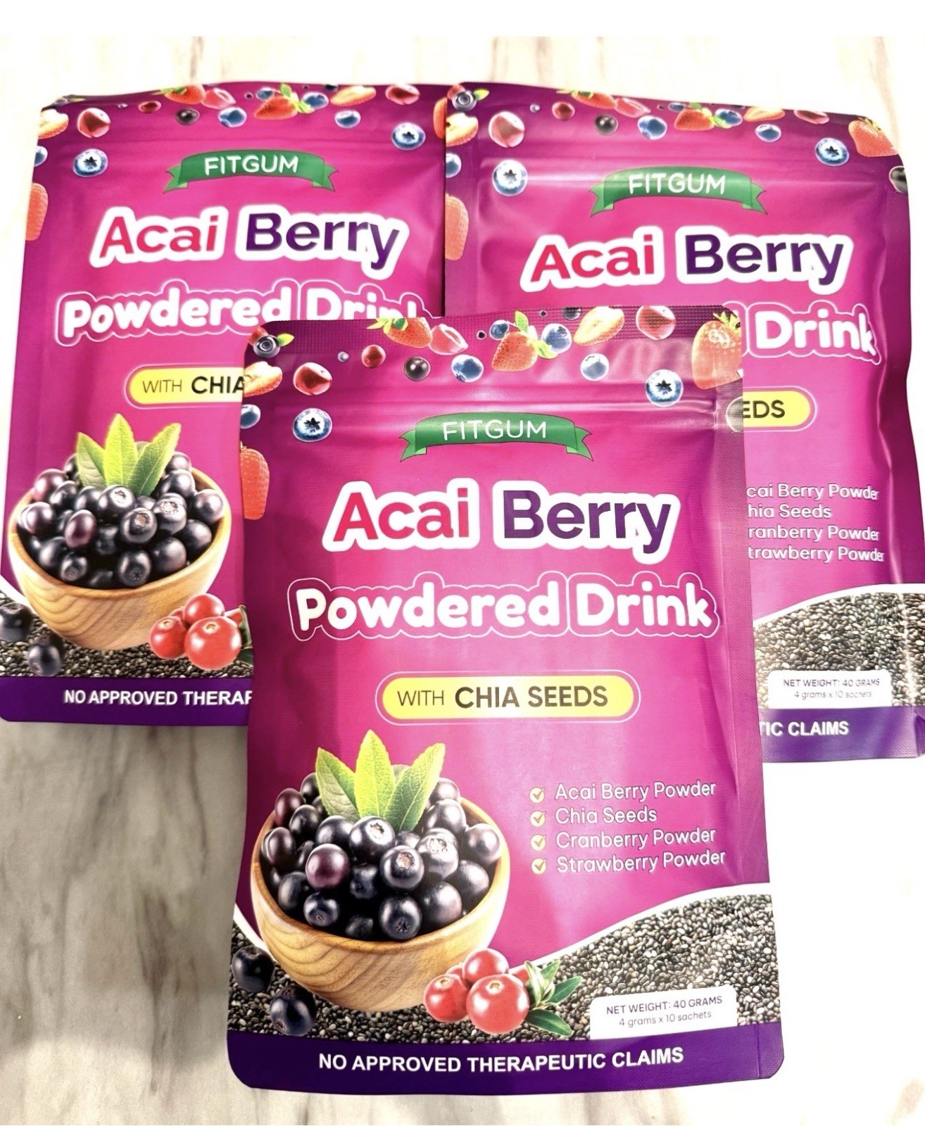 3 Packs FITGUM Acai Berry Drink Powder w/ Chia & Collagen – 30 Sachets