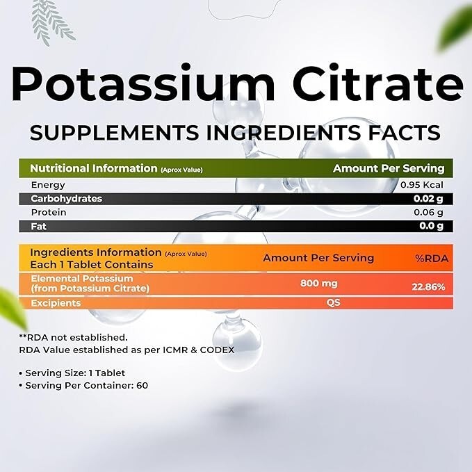 HEALTHVEDA Potassium Citrate 800 Mg 60 Veg Tablets Support Nerve Muscle Joint