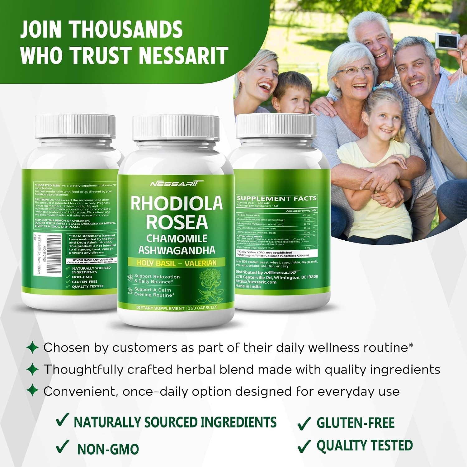 Rhodiola Rosea with Chamomile & Ashwagandha – 150 Capsules for Wellness