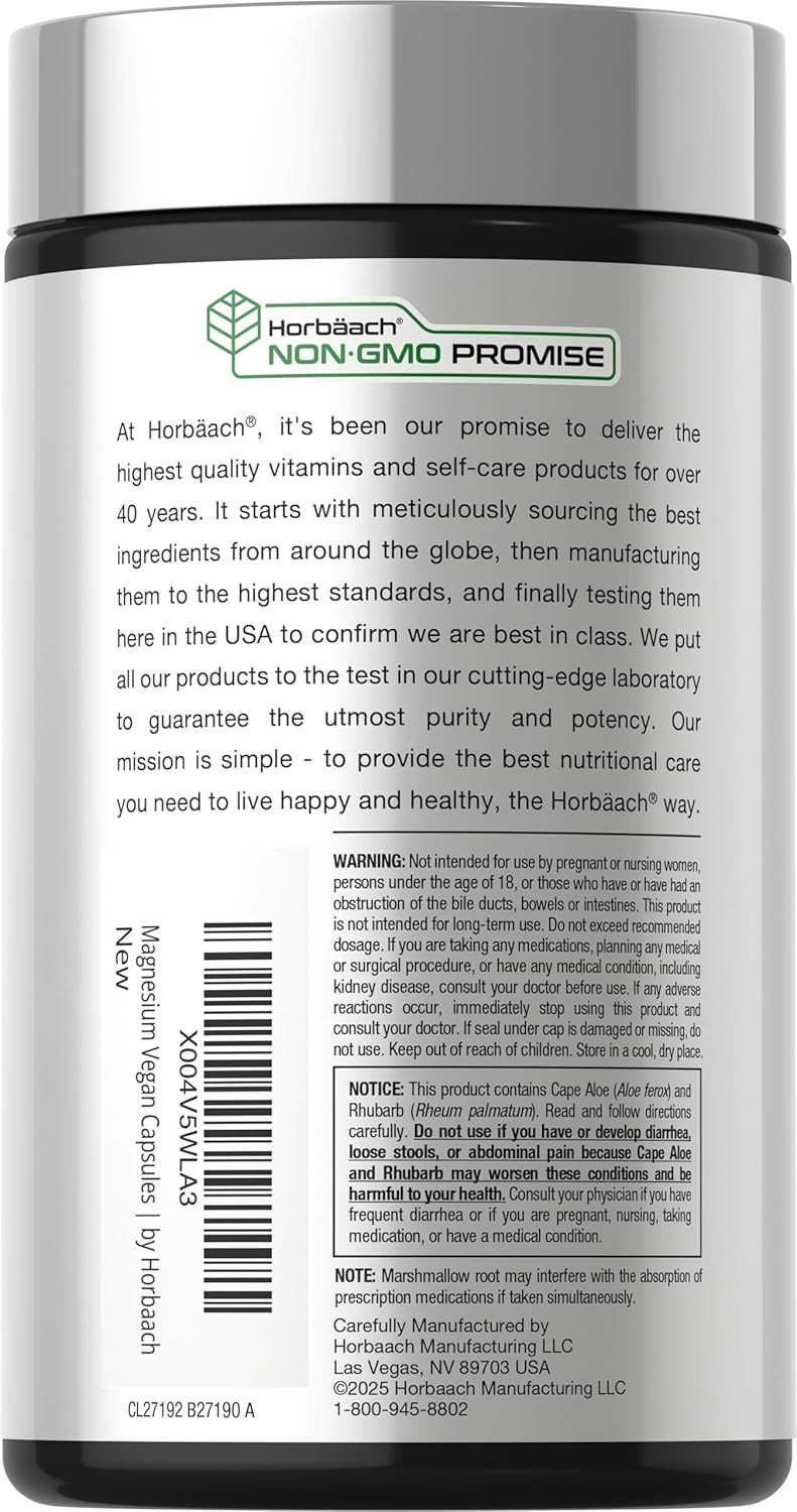 Horbaach Magnesium 230mg | Plus Herbal Blend | 200 Vegan Capsules | Gentle Clean