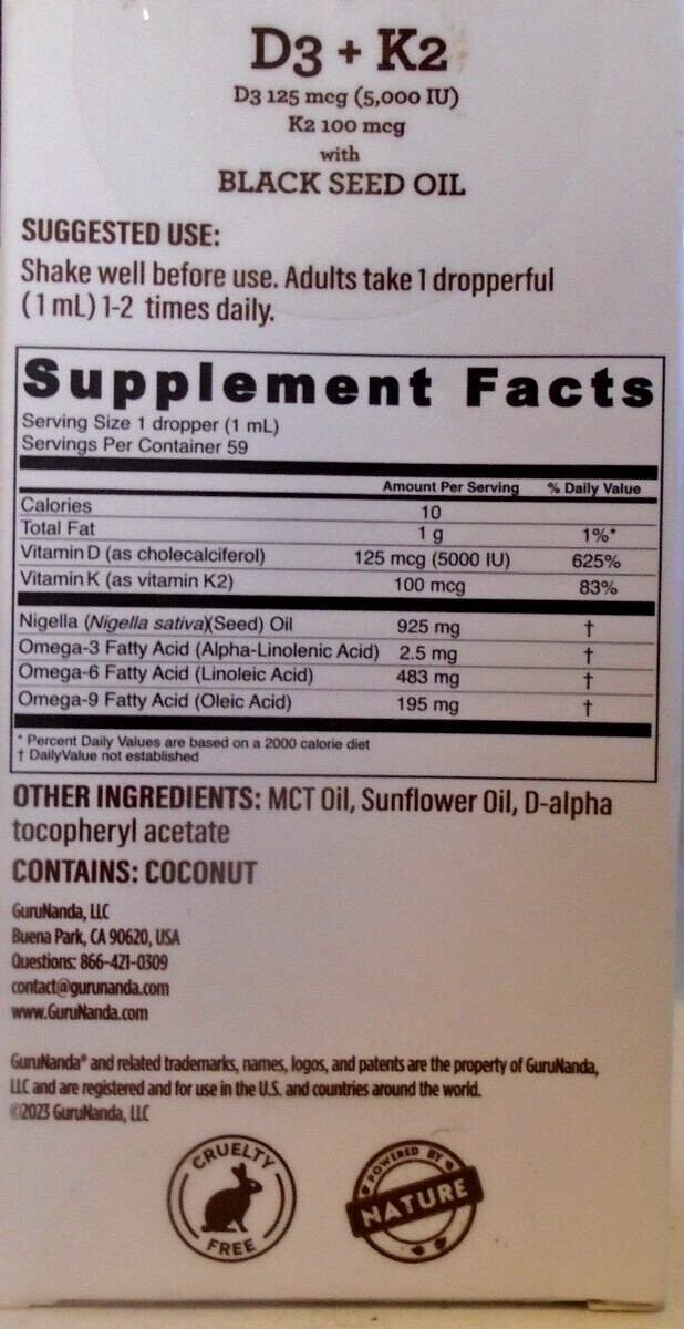Guru Nanda D3+K2 Black Seed Oil Supplement Expires 9/2024+